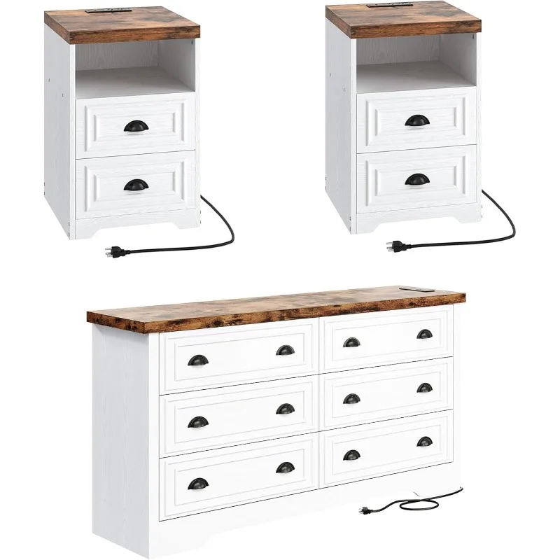 طقم غرفة نوم e، شريط طاقة، طقم أثاث غرفة نوم مكون من 3 قطع، خزانة ذات 6 أدراج وطاولتين ليليتين، خزانة ذات أدراج