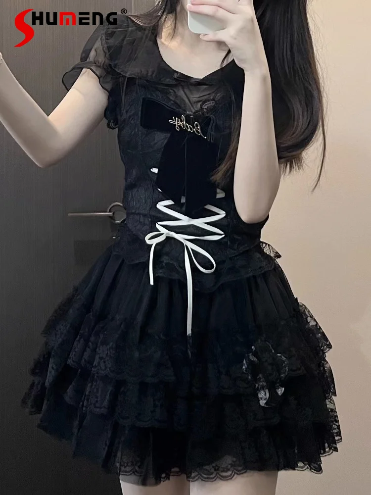 

Original Lolita Sweet Girl Pleated Lace Black Short Skirt Summer Gothic Style All-Matching High Waist Bubble Cake Skirt Women