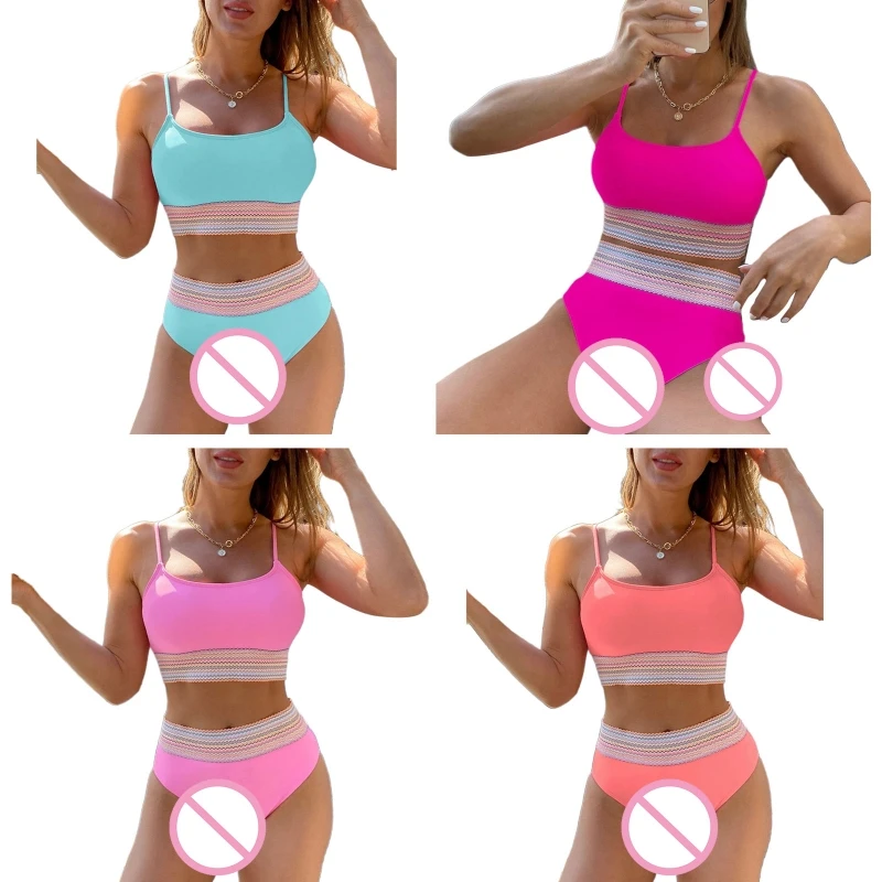 

2024 New Womens High Waisted Bikini Padded Crop Top High Cut Two Pieces Swimsuits Bathing Suit Sexy Color Block Bikini Set