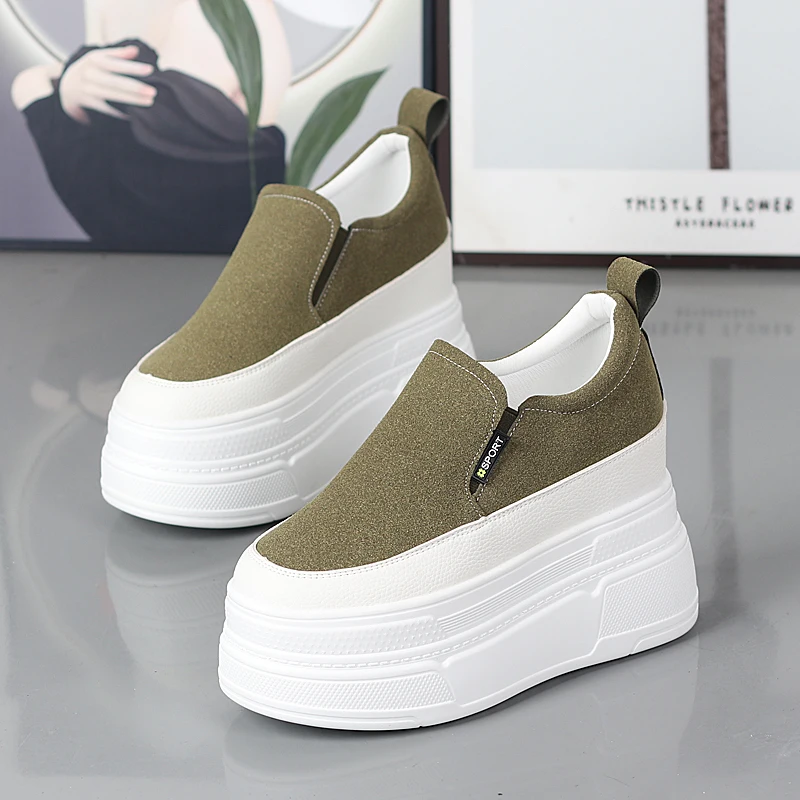 

Thick Bottom Wedge Loafers White Shoes 12CM Hidden Heel 10CM for Short Women Easy Slip on Comfortable Casual Footwear