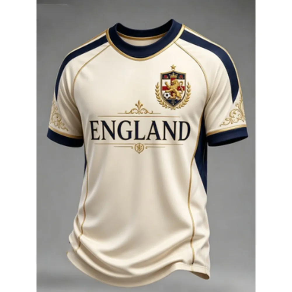 New England National Men Soccer T-shirt Big Golden Lion Graphic Compass Crew Neck Color Block Short Sleeve Fan Sports Jersey