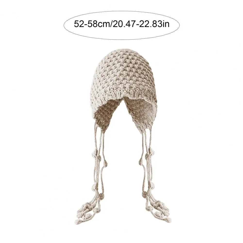 Women Crochet Slouchy Skull Cap With Tassel Handwoven Textured Knit Hat Ethnic Style Fringed Hat Hollow Hats For Autumn Winter