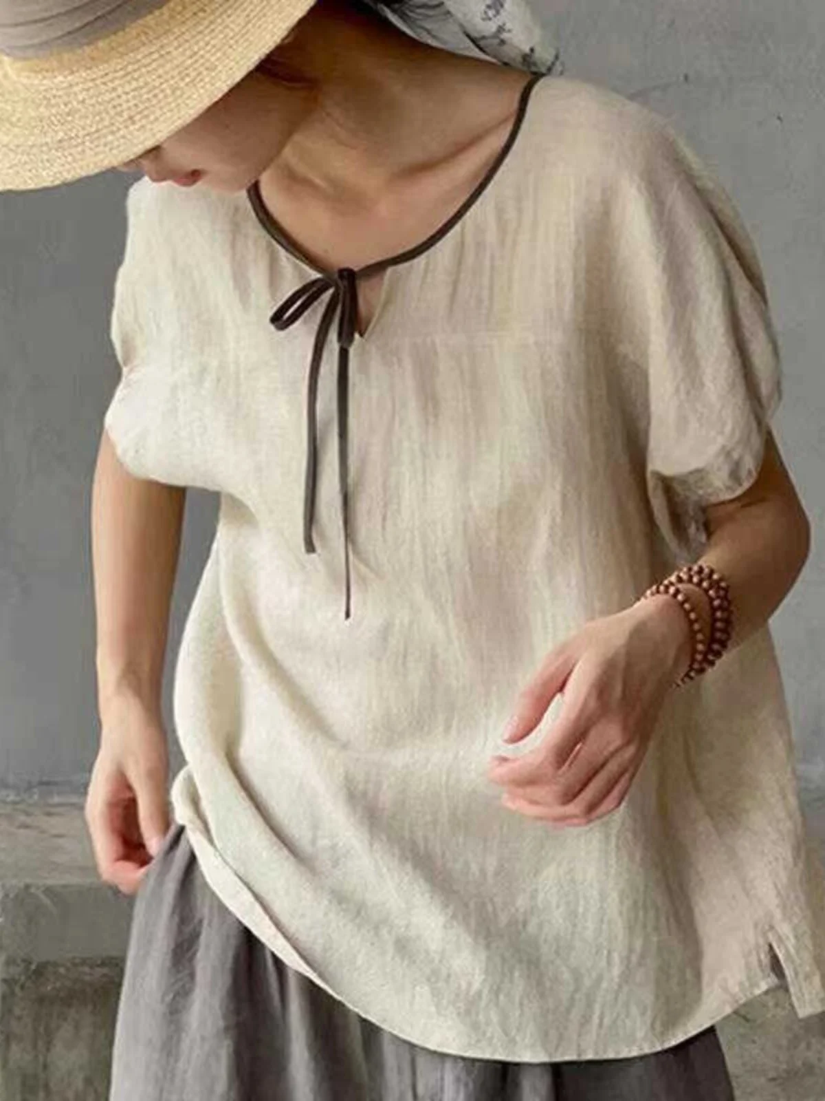 

Summer Faionable Cotton Linen ort Sve T-irt Women's Thin Sle Small Size Mom's irt Korean Sle Loose Fit round Ne