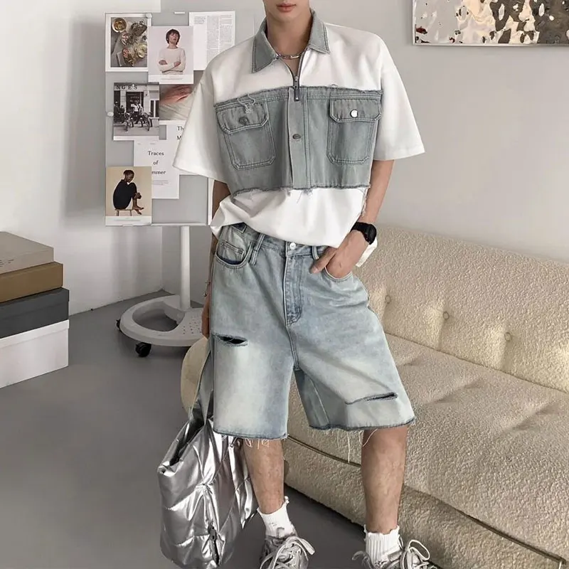Men's Clothing American Denim Patchwork Polo Shirts Short Sleeve Summer Casual Pockets Fashion Half Open Collar Zipper T-shirts