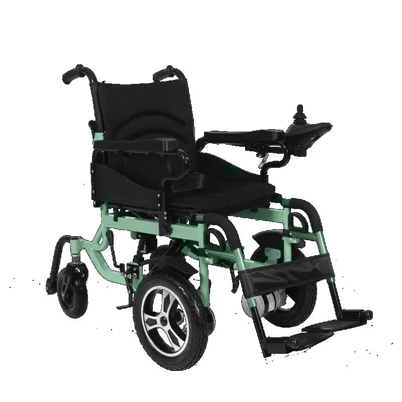 Inexpensive electric wheelchair with large front wheels and front-drive model for disabled people.