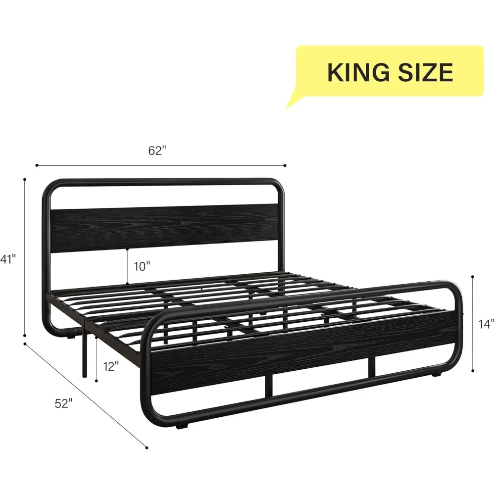 King Size Bed Frame with LED Headboard and Footboard, Under Bed Storage, Industrial Heavy Duty Wooden Metal Platform Bed Frame