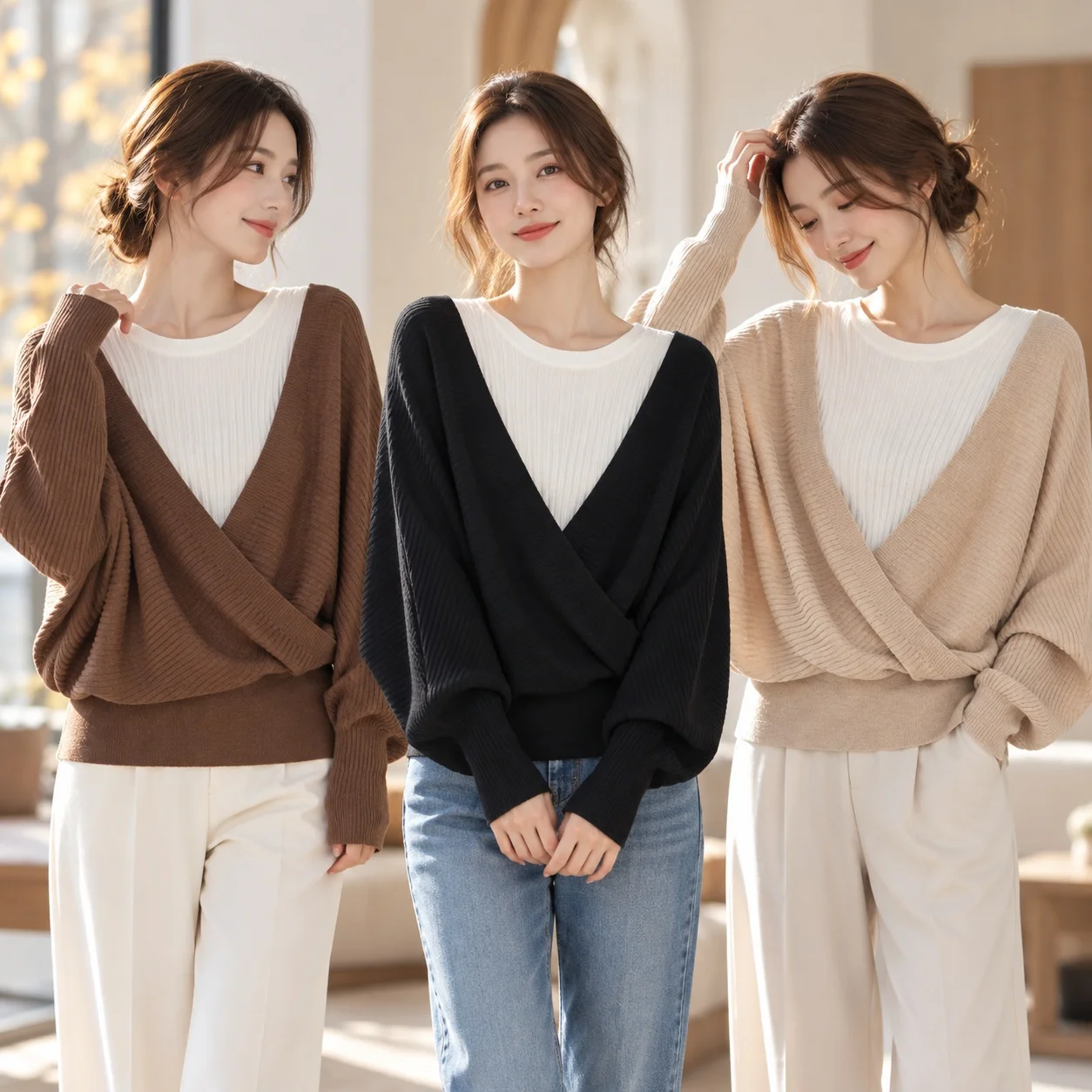 Mock Two Pullover Sweater Loose Fit Elegant Commuter with Round Neck Spliced Design Heat Set Finish Batwing Sleeve Women Sweater