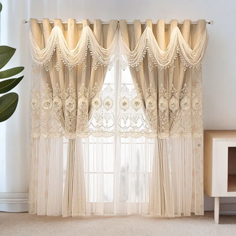 New European Style Double Layered Curtain Relief Embroidered Sheer Curtain Plus Cloth Curtain for Living Room and Bedroom