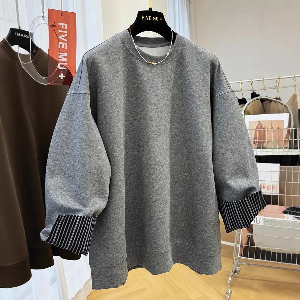 

Женская свободная спортивная рубашка с круглым вырезом на весну и осень, уникальный повседневный стиль, имитация двухслойного комплекта, очень красивая.