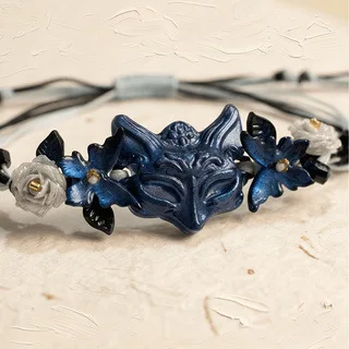 Chinese Style Navy Blue Lucky Fox Mask Bracelet Vintage Floral Braided Adjustable Cord Blessed Fortune Cool Unique Jewelry Gift