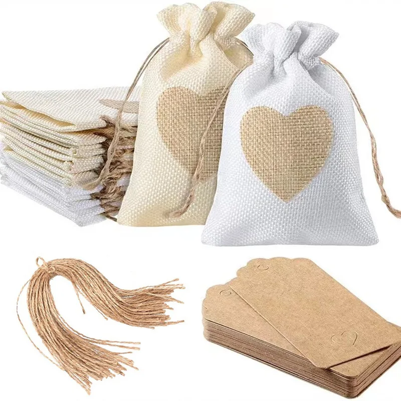 

50 Pcs Wedding Candy Drawstring Jute Bags Heart Sewing Christmas Package Pouches 10x14cm Party Gift Pocket with Tags