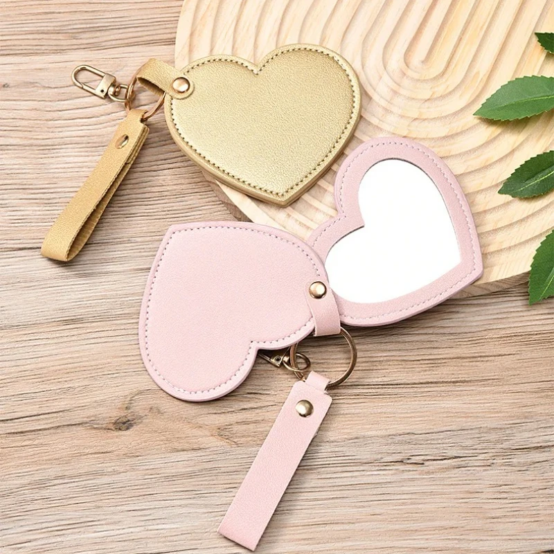 

Personalized Heart Rotating Makeup Mirror PU Key Chains Custom LOGO Leather Keychain Laser Engrave Bag Keyring Pendant Portable