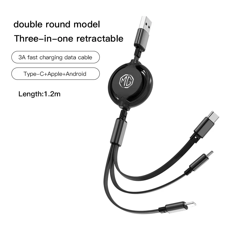 3 In One Multi Interface Retractable Car Charging Cable For MG ZS EV HS GT One, Telescopic Phone Data Cord Auto Interior Accesso