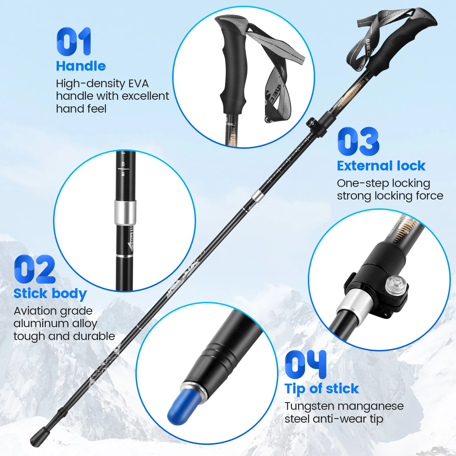 110-125 Cm Trekking Poles EVA Handles Foldable Adjustable Aluminum Alloy High Density Nordic Walking Poles 1 Pair