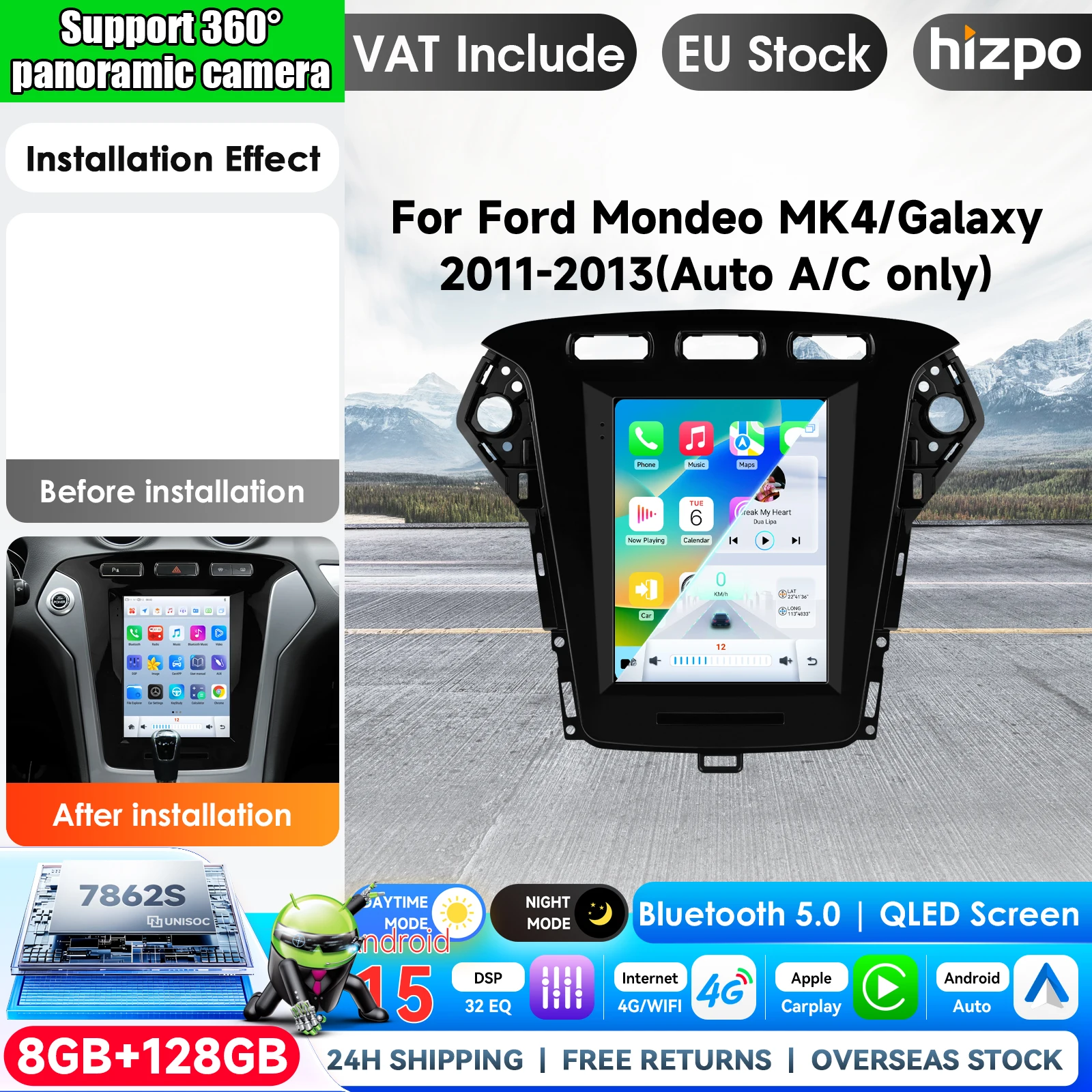 Autoradio Android 15 per Ford Mondeo MK4 2011 - 2013, sistema multimediale con GPS, navigazione, 5G, Wi-Fi, schermo touchscreen QLED da 9,7 pollici, sistema di navigazione GPS, autoradio, sistema AI