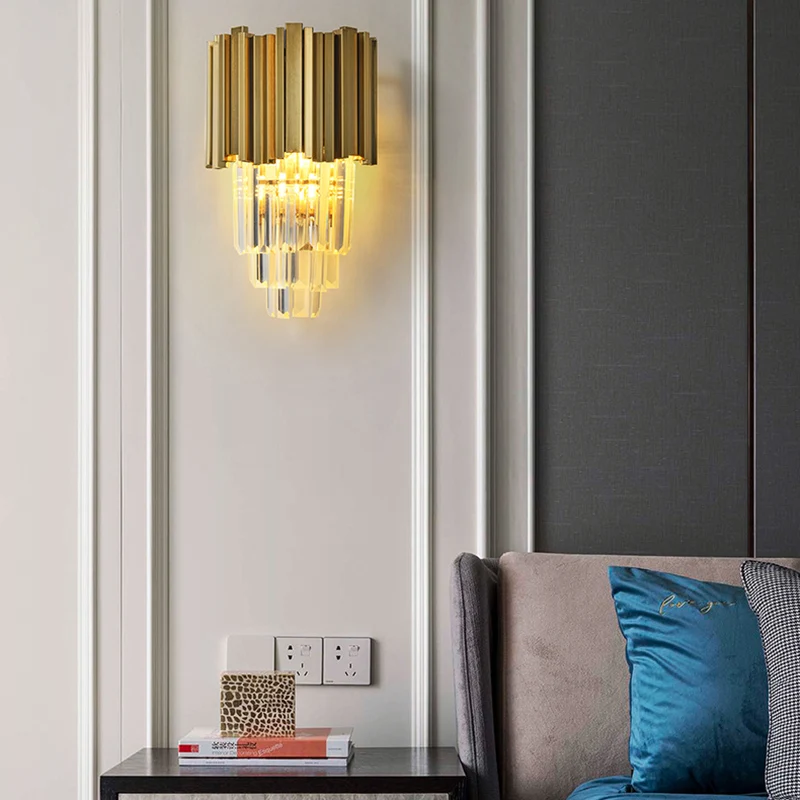 Modern Double-layer Gold Stainless Steel Wall Lamps LED Lights Crystal Lampshade Bedroom Living Room Restaurant Kitchen Sconces