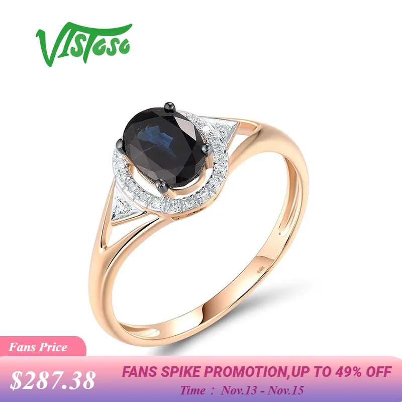 

VISTOSO Real Solitaire 14K 585 Rose Gold Ring For Women Sparkling Diamond Blue Sapphire Wedding Engagement Gift Fine Jewelry