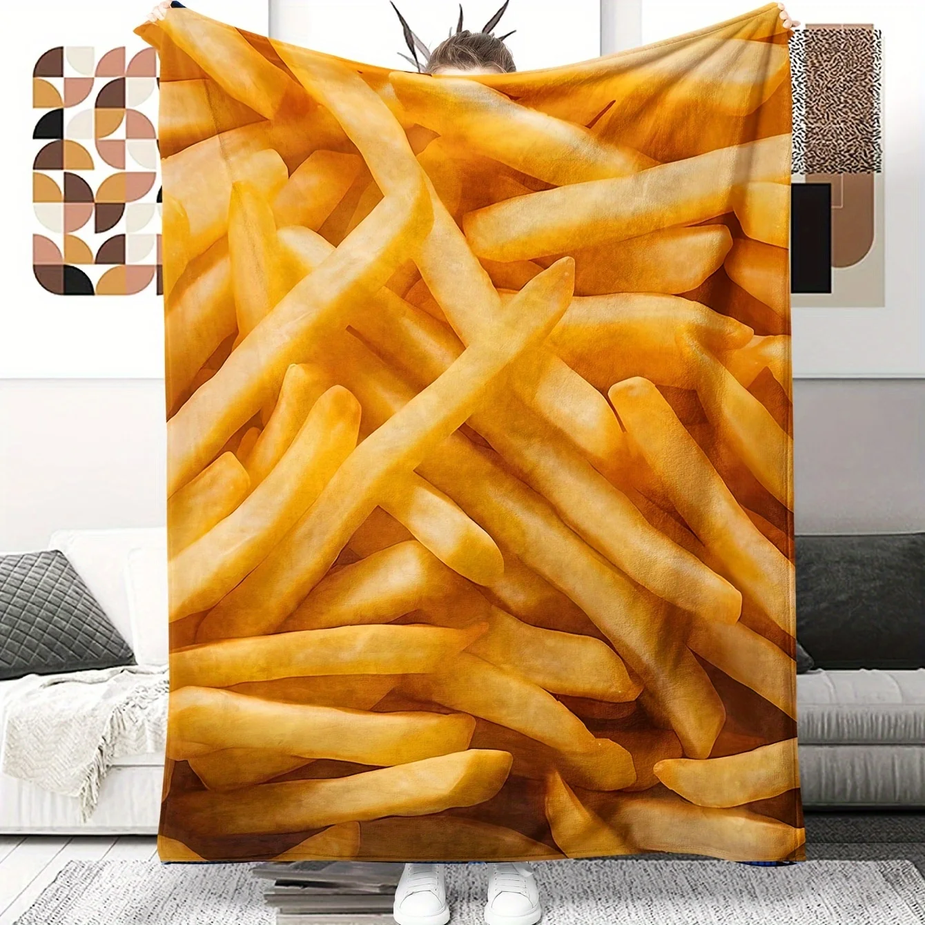 Customize Ultra-Soft French Fries Themed 100% Polyester Contemporary Hand-Wash Geometric-Pattern Reversible Hypoallergenic Digit