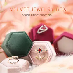 Joyero de terciopelo para mujer, paquete de pendientes, caja de almacenamiento de anillo doble, regalo con forma hexagonal, caja de exhibición de anillo de boda