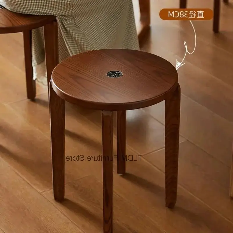 Set Solid Wood Seat Round Stools Set Dining Modern Stackable Luxury Home High-End Stackable Chairs for Living Room Save Spaceing
