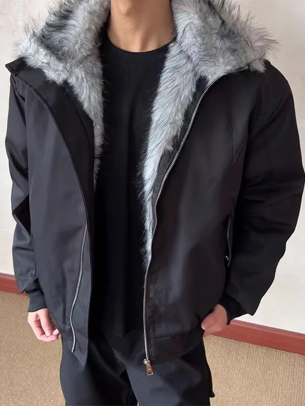 

Men's Winter Thiened Warm Cotton Jaet Loose Fit Turn-down Collar Fur Trim Casual Sle Stand Edition Pure Color Coat