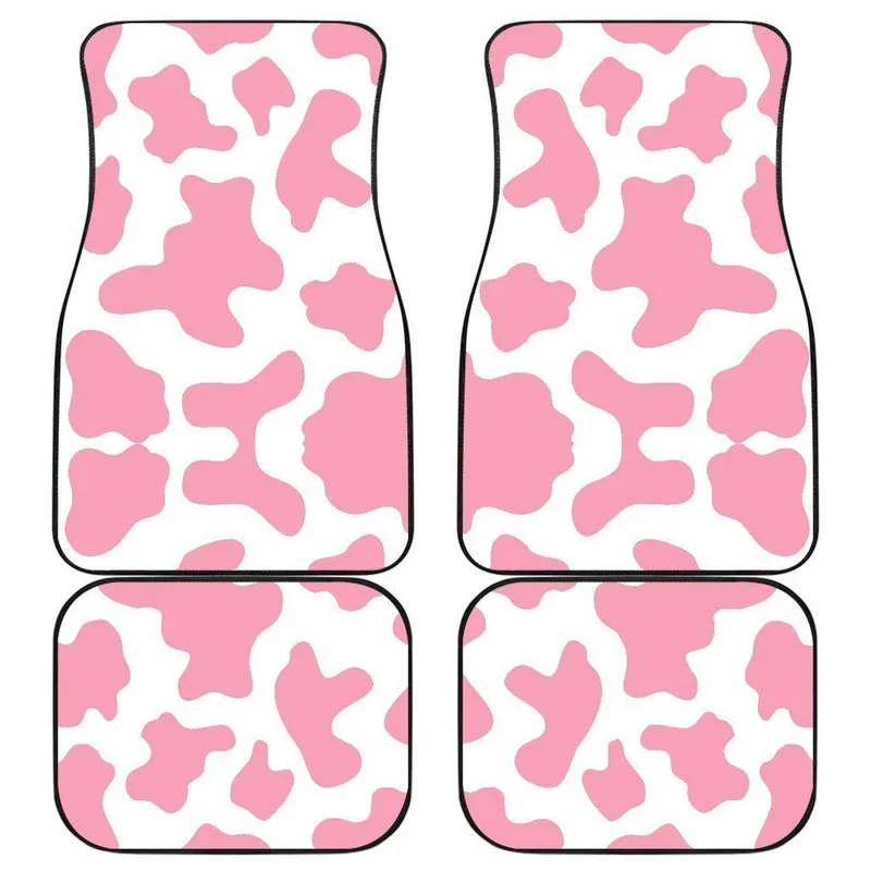 Pastel Pink And White Cow Print Front and Back Car Floor Mats    Heavy Carpet Front and Rear Full Set 4PCs Pack