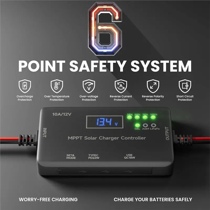 AA81-For Lifepo4 AGM Gel Battery 12V 10A MPPT Solar Charge Controller SAE Adapter Type-C& USB Output