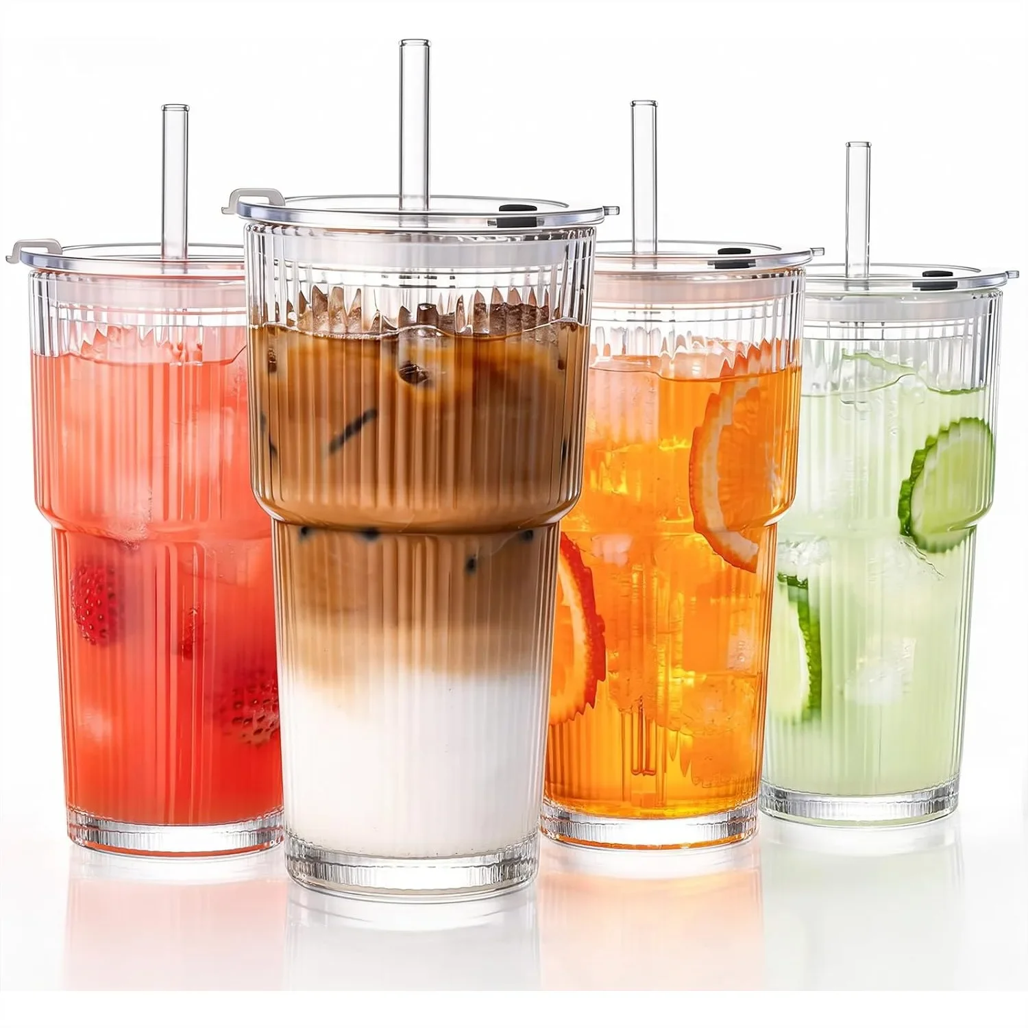 

20oz Glass Tumblers with Straws and Lids, Ribbed Iced Coffee Cups Leak-proof and Dishwasher Safe for Travel and Daily Use