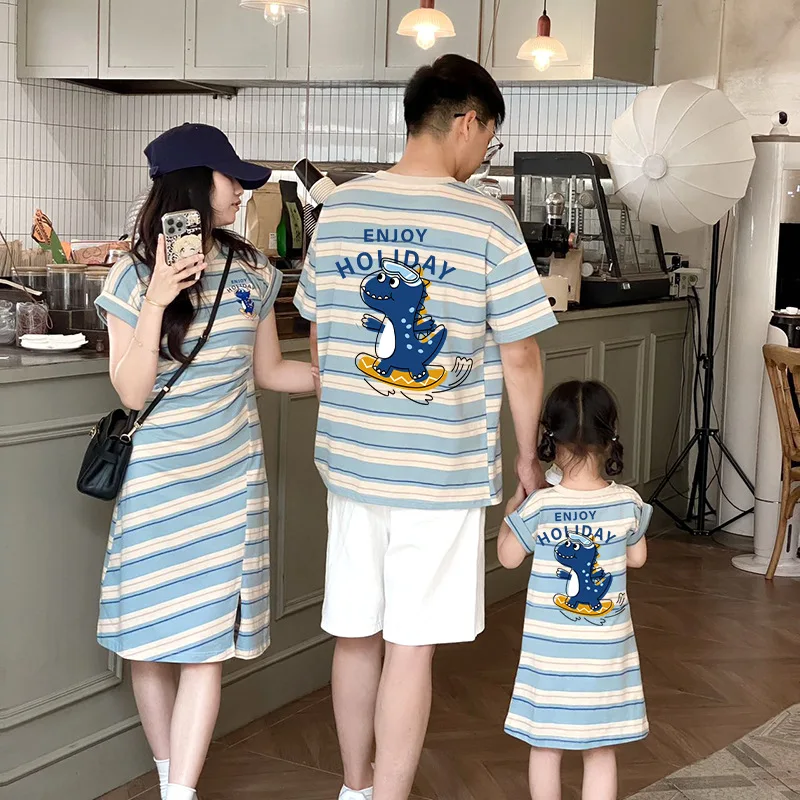 2026 Summer Family Matching Outfits Striped Dinosaur Print T-Shirt & Dress Set for Mom Dad Baby Casual Daily Wear  567