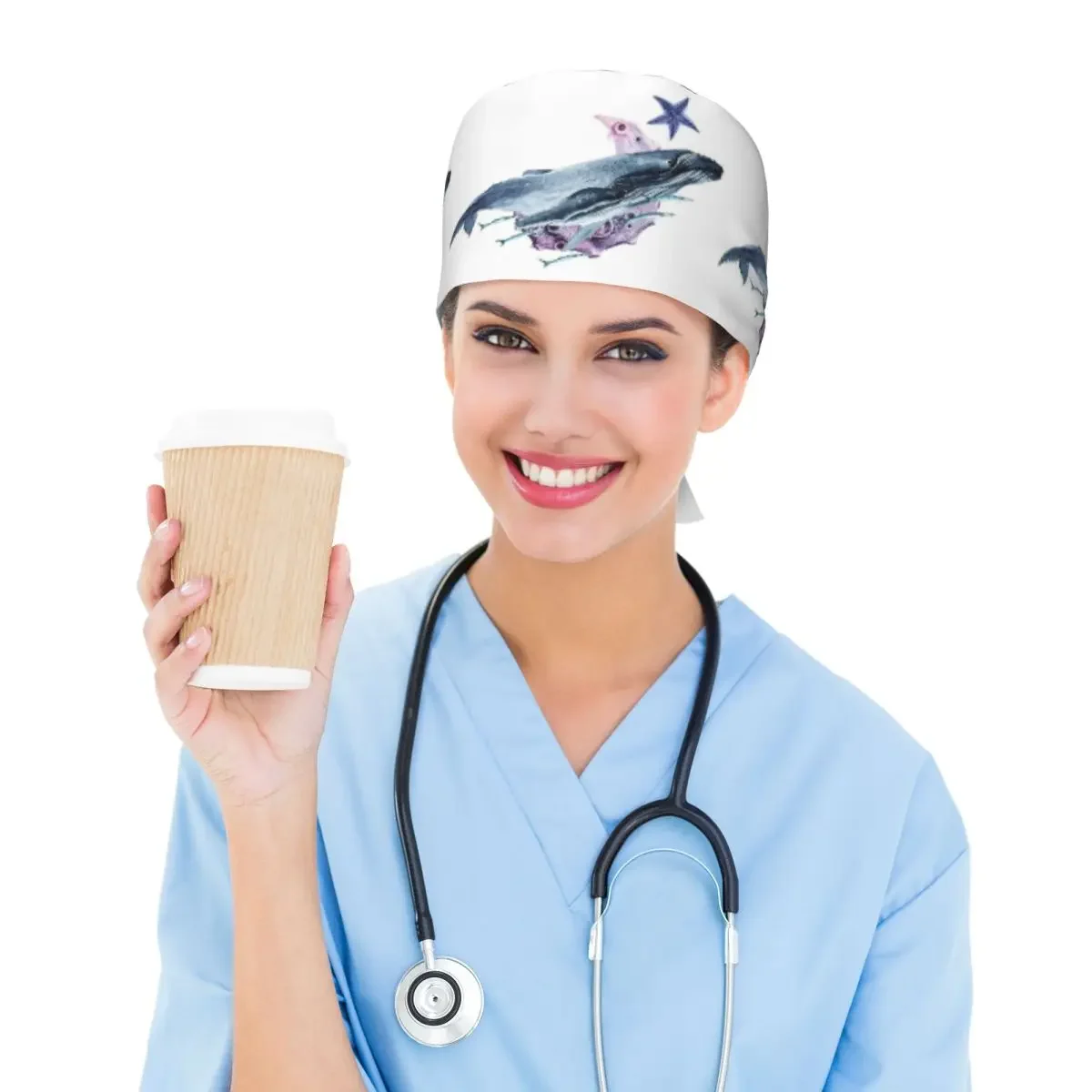Orca Whale And Dolphin Marine Life Scrub Hat Doctor Working Surgical Cap Unisex Adjustable Nursing Caps for Dentist