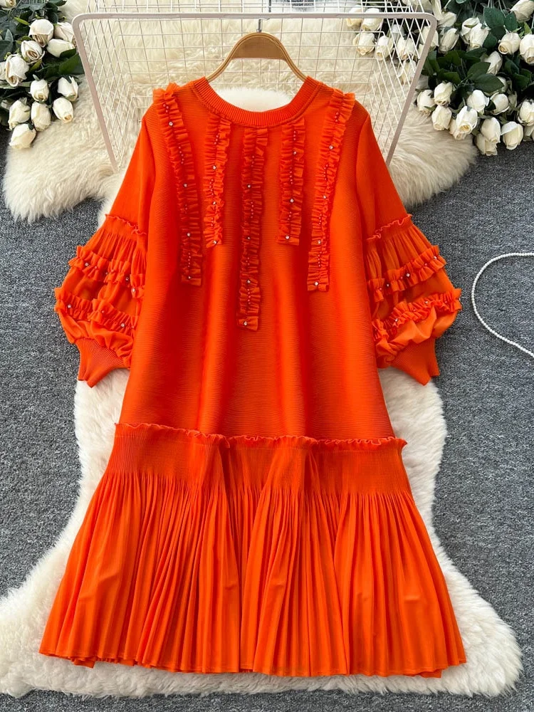 Długa spódnica damska z wysokim stanem, plisowana, elastyczna, w stylu latarni, idealna na lato, do pracy, z perłami.