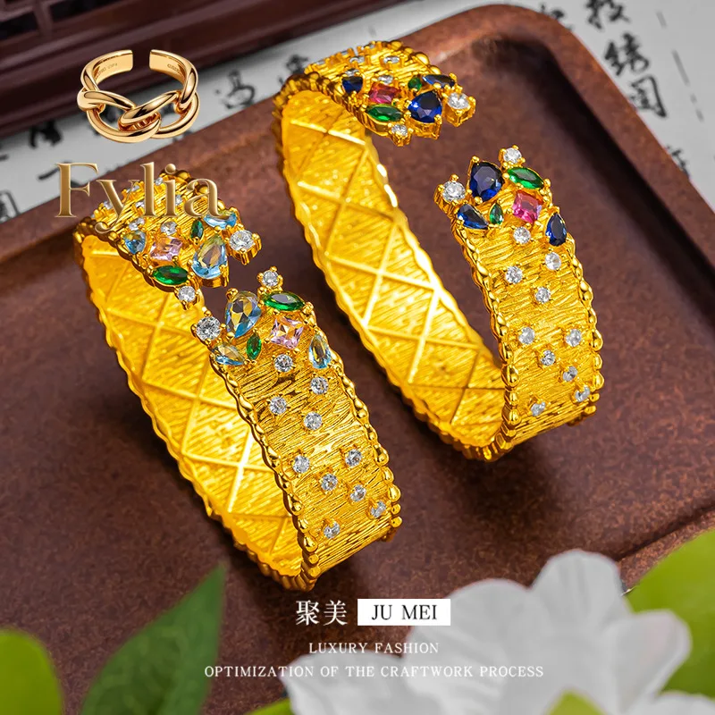 Fylia Jewelry  9999 24K real gold star open bracelet, gemstone point diamond open design, exquisite and high-end hand jewelry