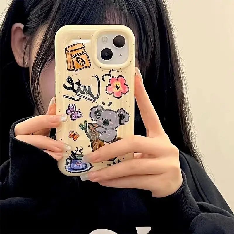 Custard Cartoon Koala Hug Tree Phone Cases for IPhone 11 12 13 14 Pro Max for IPhone Korean Vintage Phone Case Geometry Graffiti