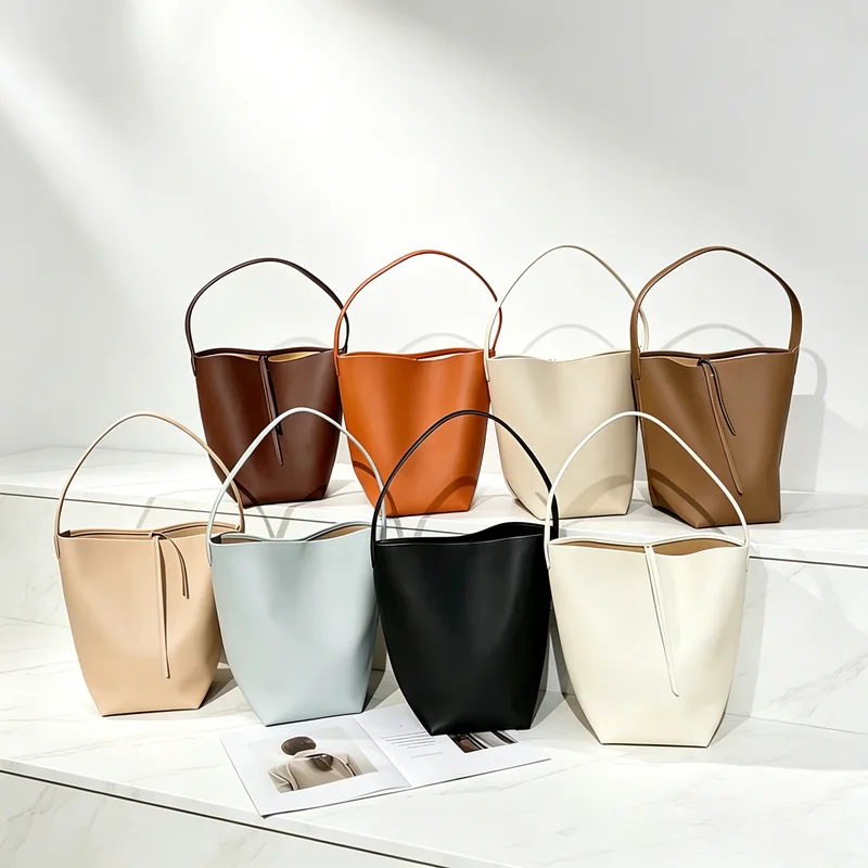Popular Boutique New Bucket Bag Luxury High-end Cowhide Women's Shoulder Bag Large Capacity Solid Color Soft Handbag
