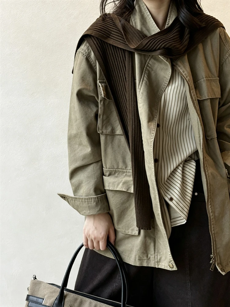 Women Vintage Utility Jacket Cotton Workwear Coat Stand Collar Zip Up Cargo Pocket Casual Loose Autumn Field Jacket