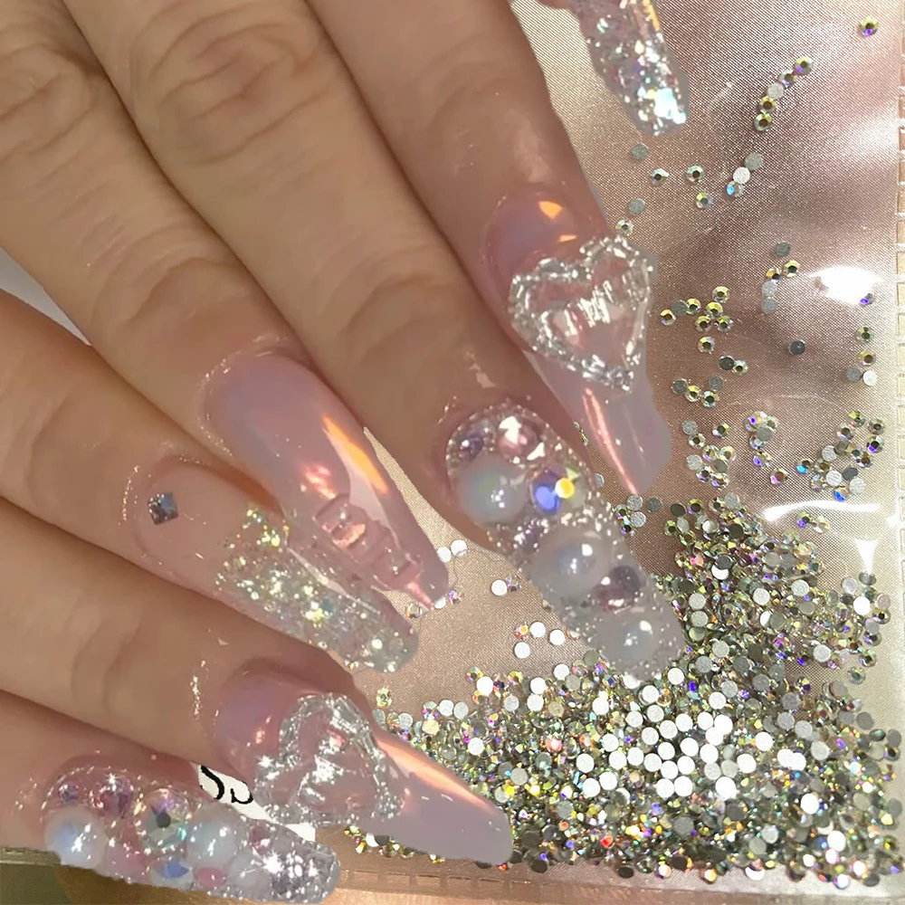 1440Pcs Glitter AB/Clear Round Mini Glass Nail Diamond SS3 Flatback Non HotFix Glass Nail Crystal DIY Stylish Glass Nail Jewelry