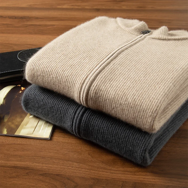 

Осень-зима, мужской 100% кашемировый свитер, толстый кардиган на молнии с воротником-стойкой, базовый элегантный повседневный стиль, кашемировый трикотаж, топы