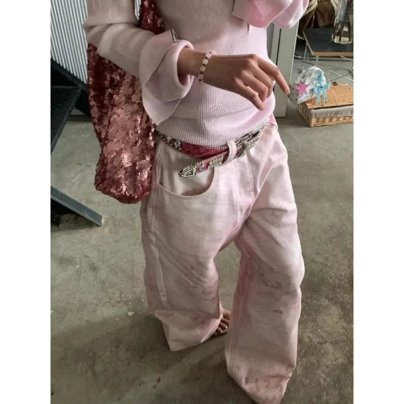 Women's Adorable Pink Vintage High Waist Wide Leg Jeans Back 2025 Summer Slimming Exclusive Type Ladies Denim Trousers