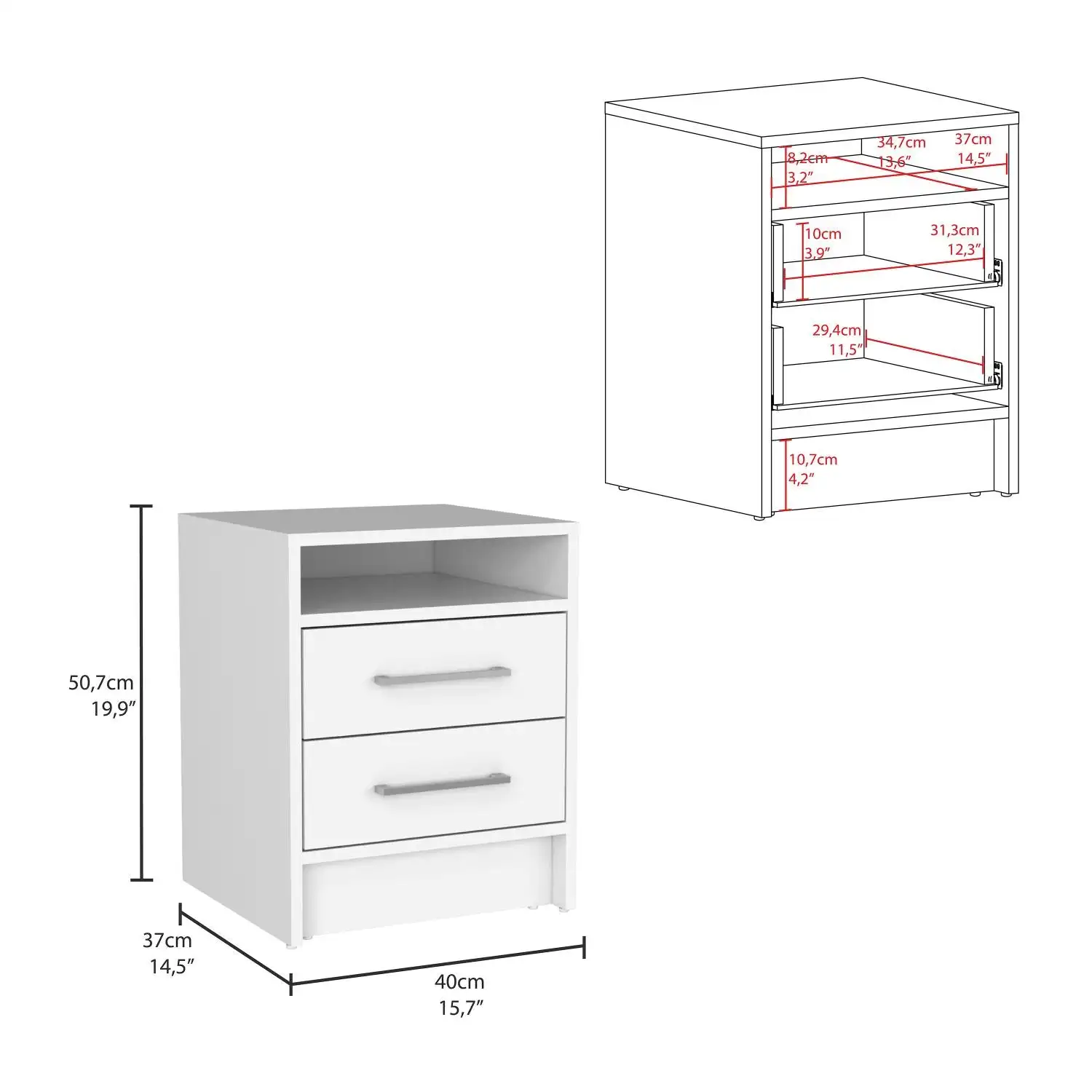 Eter Nightstand, Superior Top, Two Drawers White