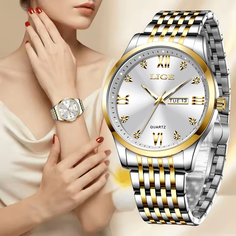 LIGE Fashion Retro Diamond Dial Casual Watches Round Stainless Steel Waterproof Luminous Clock Quartz Wristwatch for Women Gift