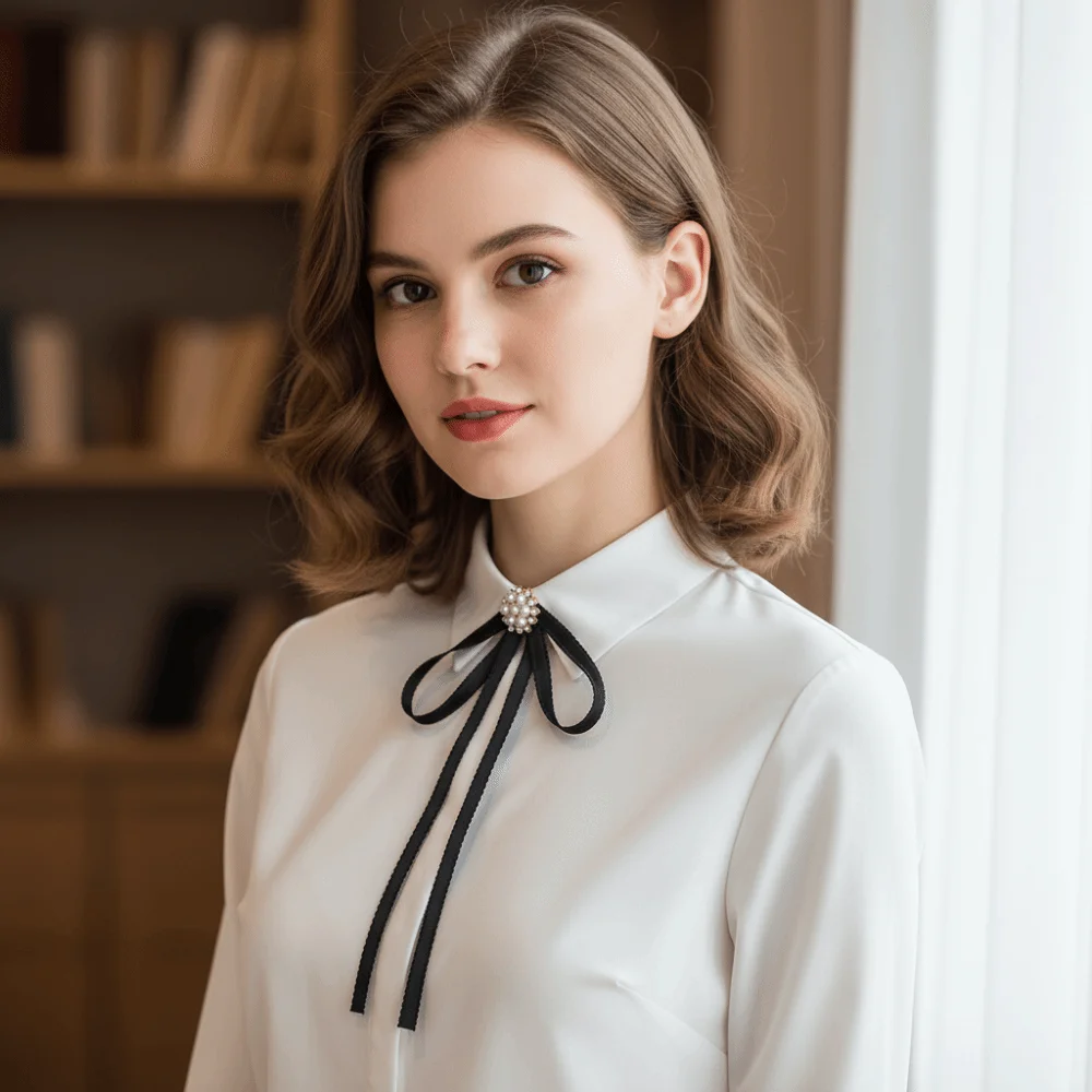 Luxury Solid Color Black Ribbon Pin Rhinestones Pearl Black Bow Necktie JK Multi-layer Funerals Memorial Pin Men