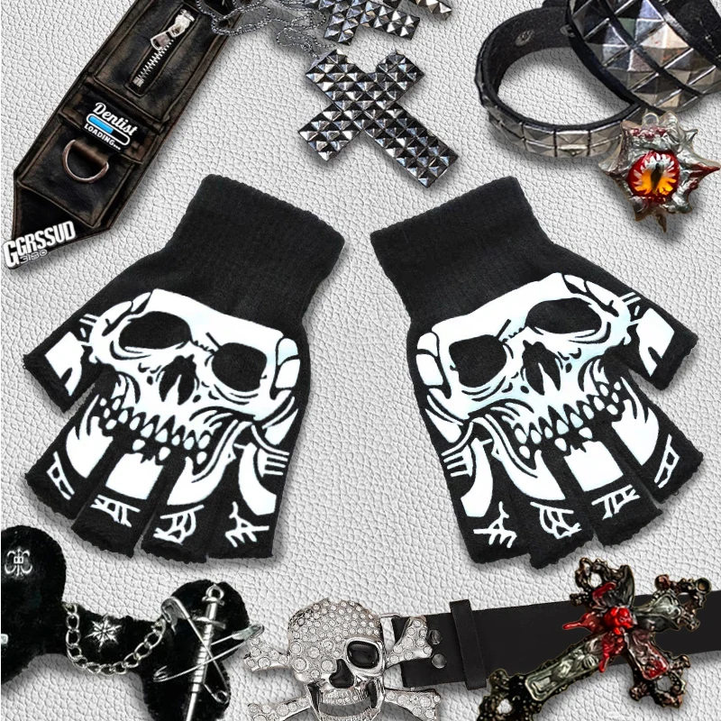 

Панк-готический стиль, американский стиль, перчатки с половиной пальца, перчатки с принтом черепа, модные мужские и женские стильные украшения в стиле Харадзюку