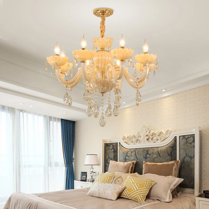 French Atmospheric Champagne White Crystal E14 Pendent Lights European Palace Wind Lotus Shape Bedroom Hall Led Chandelier