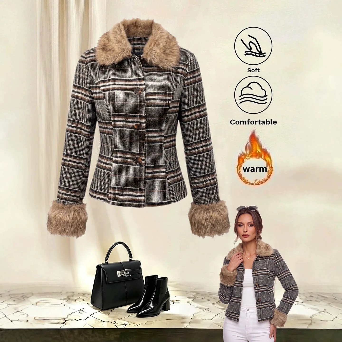2026 Plate Fur Necklace Short Jacket Plate False Fur Necklace Cuffs. Single-breasted Smart Fit Jacket Summer Maxi Dress Outfits