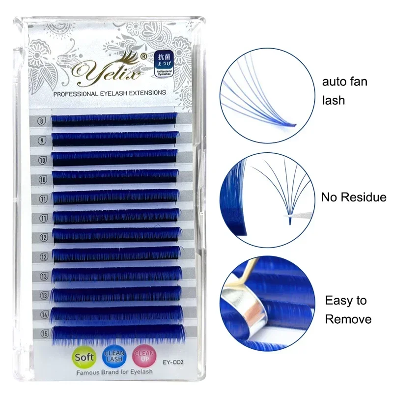 Yelix Easy Fanning Eyelash Extension ทํา Fast Bloom ดอกขนตาส่วนบุคคลขนตาสีแดง/สีเขียว/สีฟ้าขนตาที่มีสีสัน
