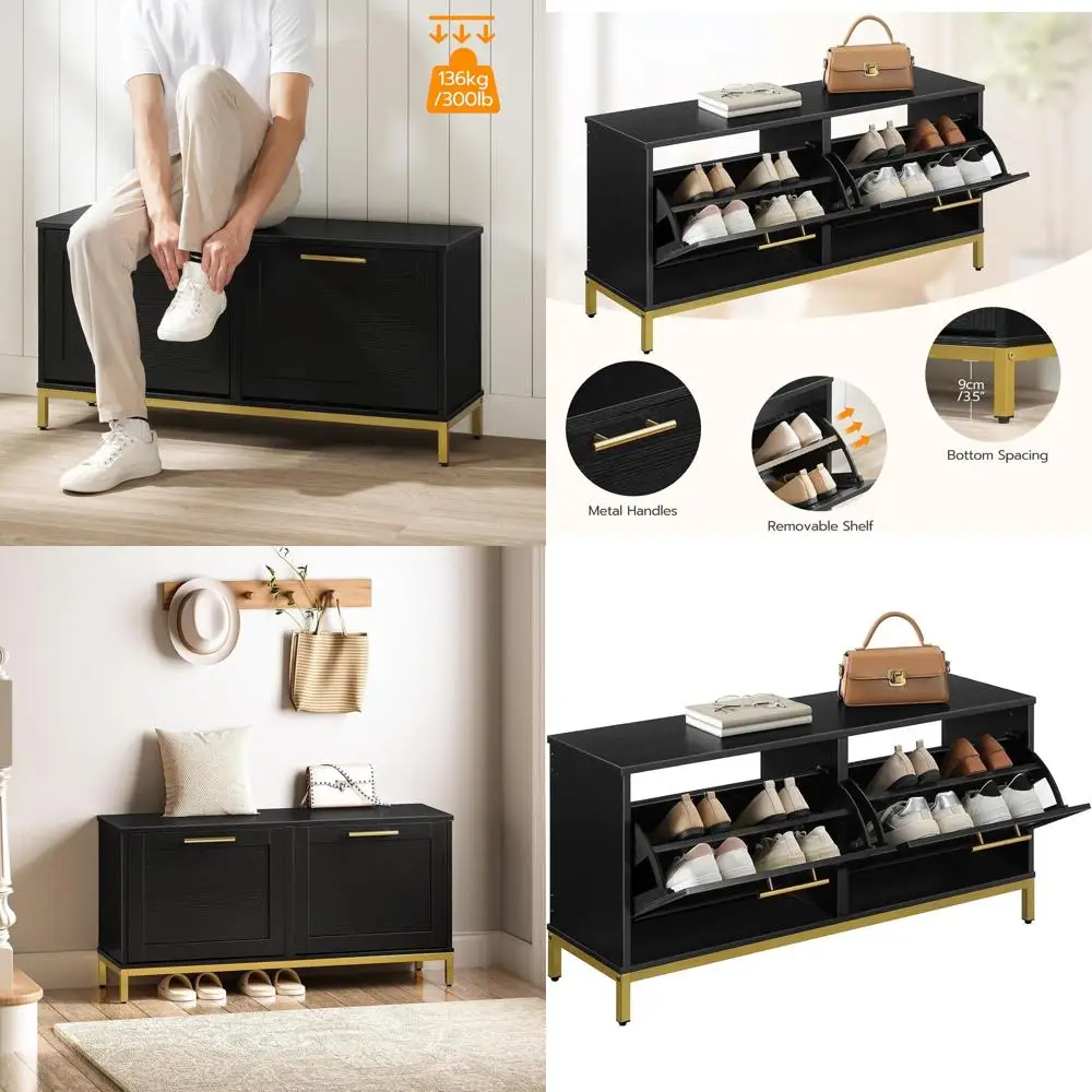 

Shoe Storage Bench with 2 Drawers, 39.4 Cabinet for Entryway, Hallway, and Mudroom in Black and Gold
