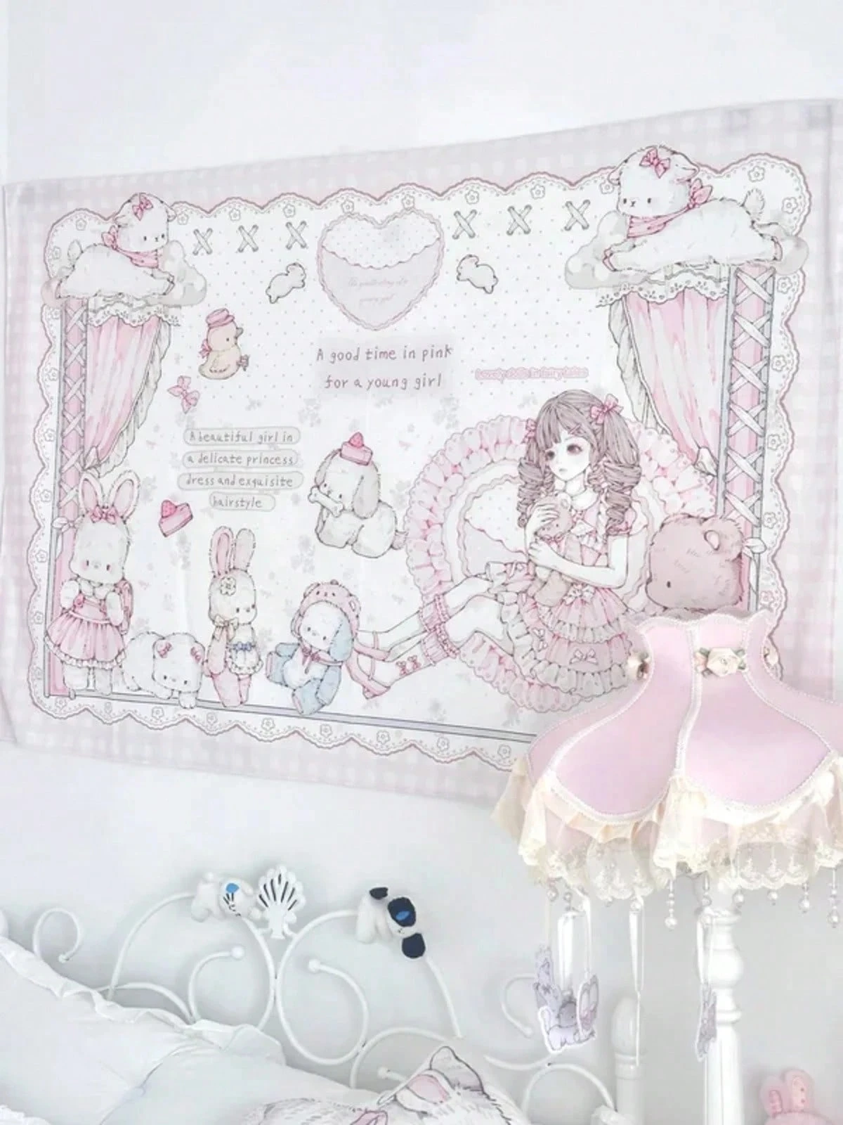 1 Stück Kawaii Anime-Mädchen Wandteppich, Rosa Cartoon-Tier-Druck Wandbehang, Polyester 2D Weicher Stoff, Niedliche Schlafzimmer Wohnzimmer Dekoration
