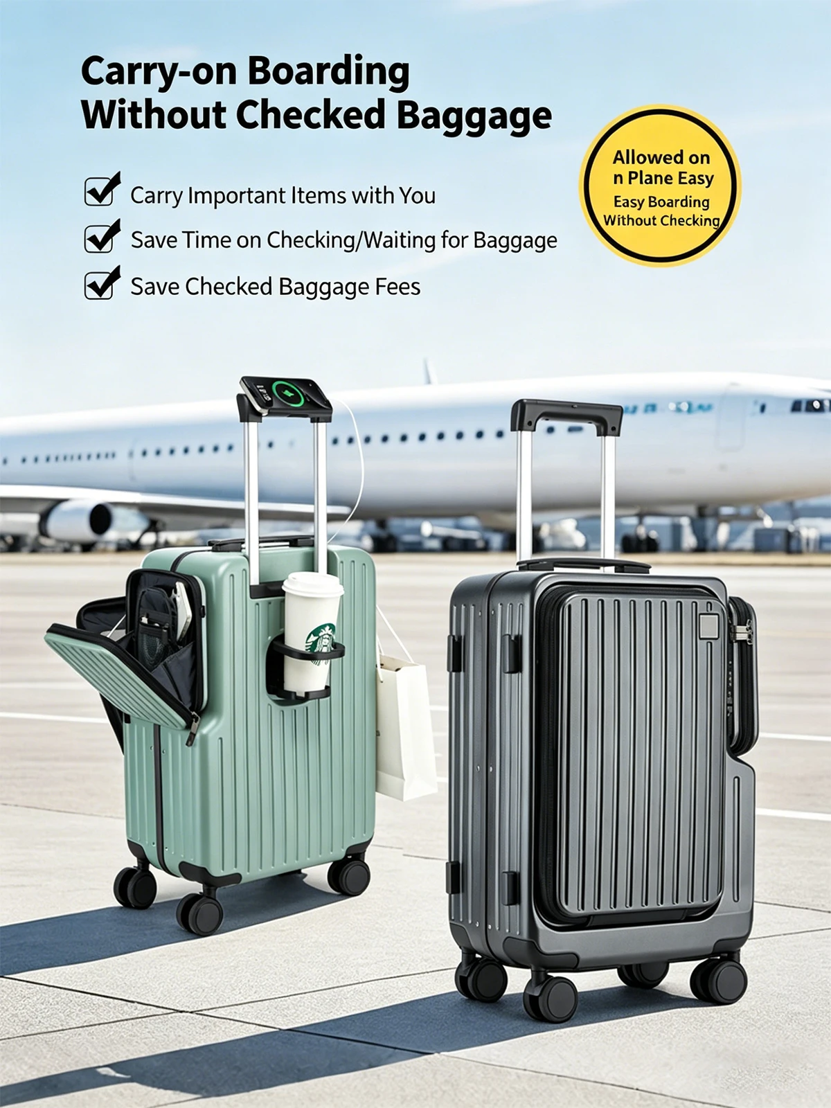 Front-Opening Carry On Suitcase Multiple Function Laptop Boarding Case with USB Charging Trolley Case 20 Inch A Travel Luggage