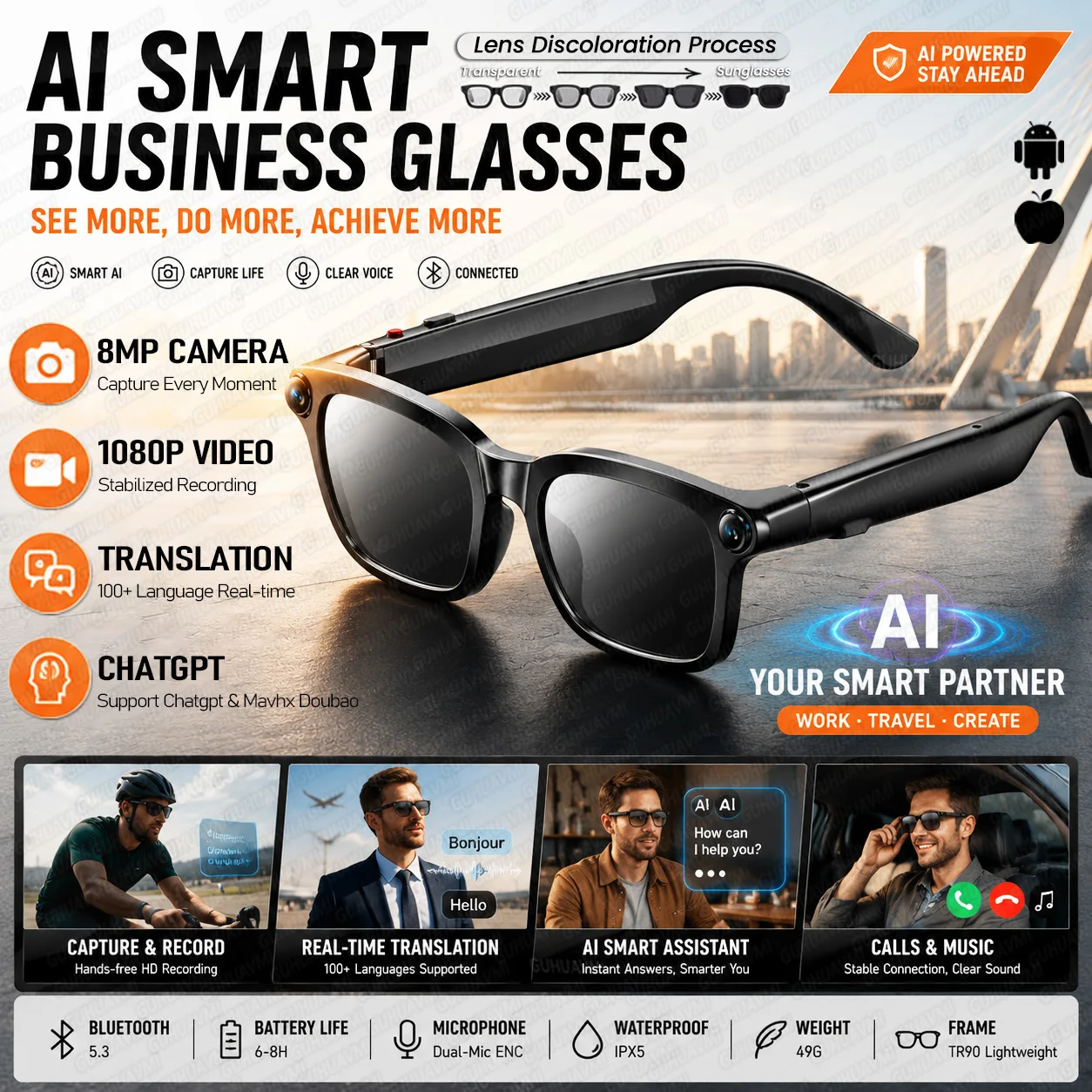 AI Smart Glasses with 8MP Camera 4K Video Photo Capture Real-Time Translation Recording, AI Assistant Replaceable Sunglasses Len