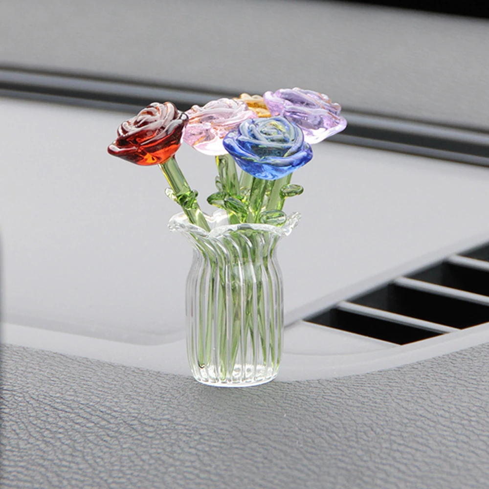 

Mini Glass Flower Bouquet with Vase Colorful Artificial Rose Flowers Ornaments Art Glass Office Home Decor Sculpture Lovely Gift